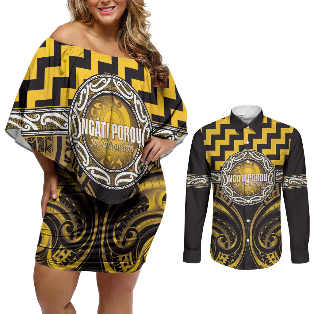 Aotearoa Ngati Porou Personalised Couples Matching Off Shoulder Short Dress and Long Sleeve Button Shirt Maori Iwi Poutama Puhoro Tattoo LT14 Yellow - Polynesian Pride