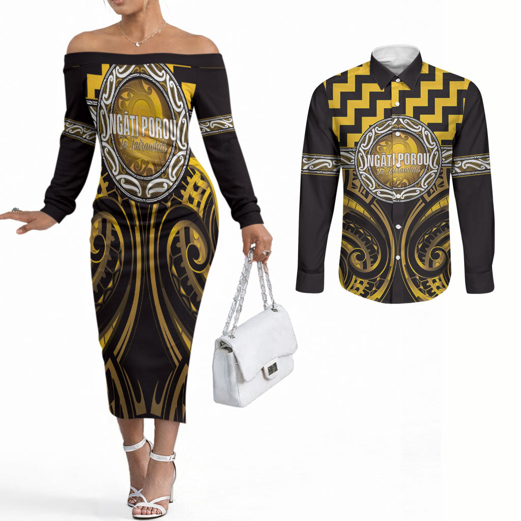 Aotearoa Ngati Porou Personalised Couples Matching Off The Shoulder Long Sleeve Dress and Long Sleeve Button Shirt Maori Iwi Poutama Puhoro Tattoo LT14 Yellow - Polynesian Pride