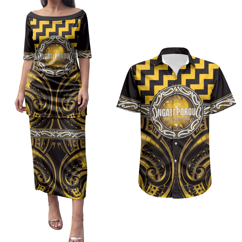 Aotearoa Ngati Porou Personalised Couples Matching Puletasi and Hawaiian Shirt Maori Iwi Poutama Puhoro Tattoo LT14 Yellow - Polynesian Pride