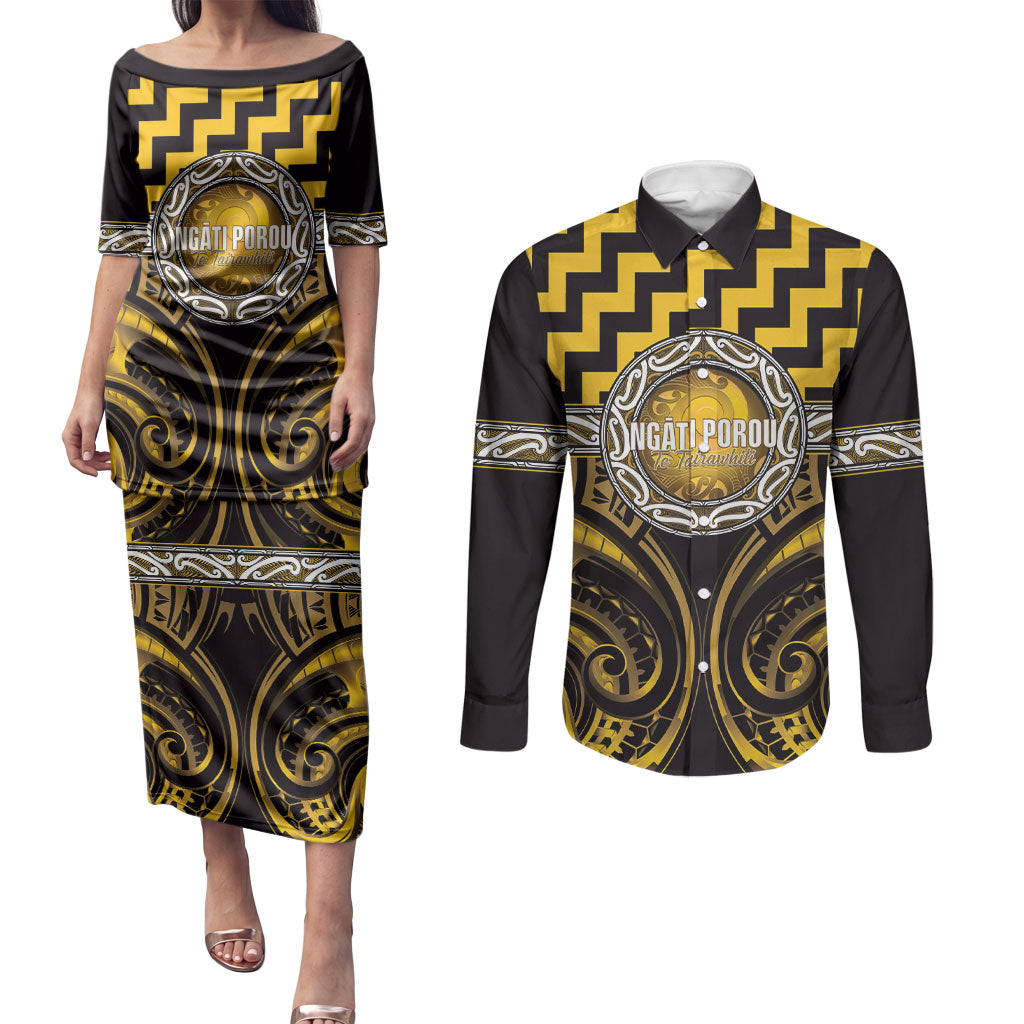 Aotearoa Ngati Porou Personalised Couples Matching Puletasi and Long Sleeve Button Shirt Maori Iwi Poutama Puhoro Tattoo LT14 Yellow - Polynesian Pride