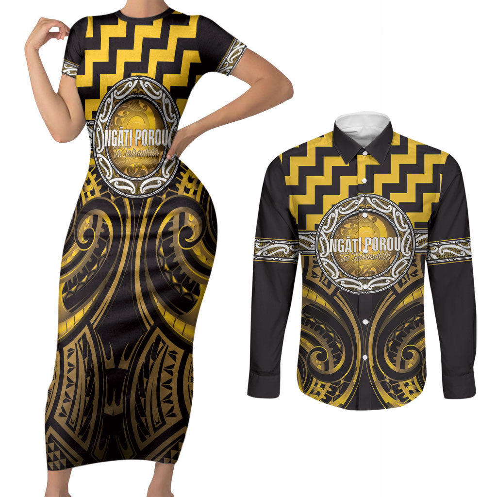 Aotearoa Ngati Porou Personalised Couples Matching Short Sleeve Bodycon Dress and Long Sleeve Button Shirt Maori Iwi Poutama Puhoro Tattoo LT14 Yellow - Polynesian Pride