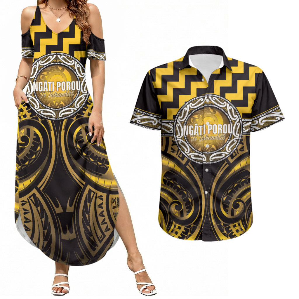 Aotearoa Ngati Porou Personalised Couples Matching Summer Maxi Dress and Hawaiian Shirt Maori Iwi Poutama Puhoro Tattoo LT14 Yellow - Polynesian Pride