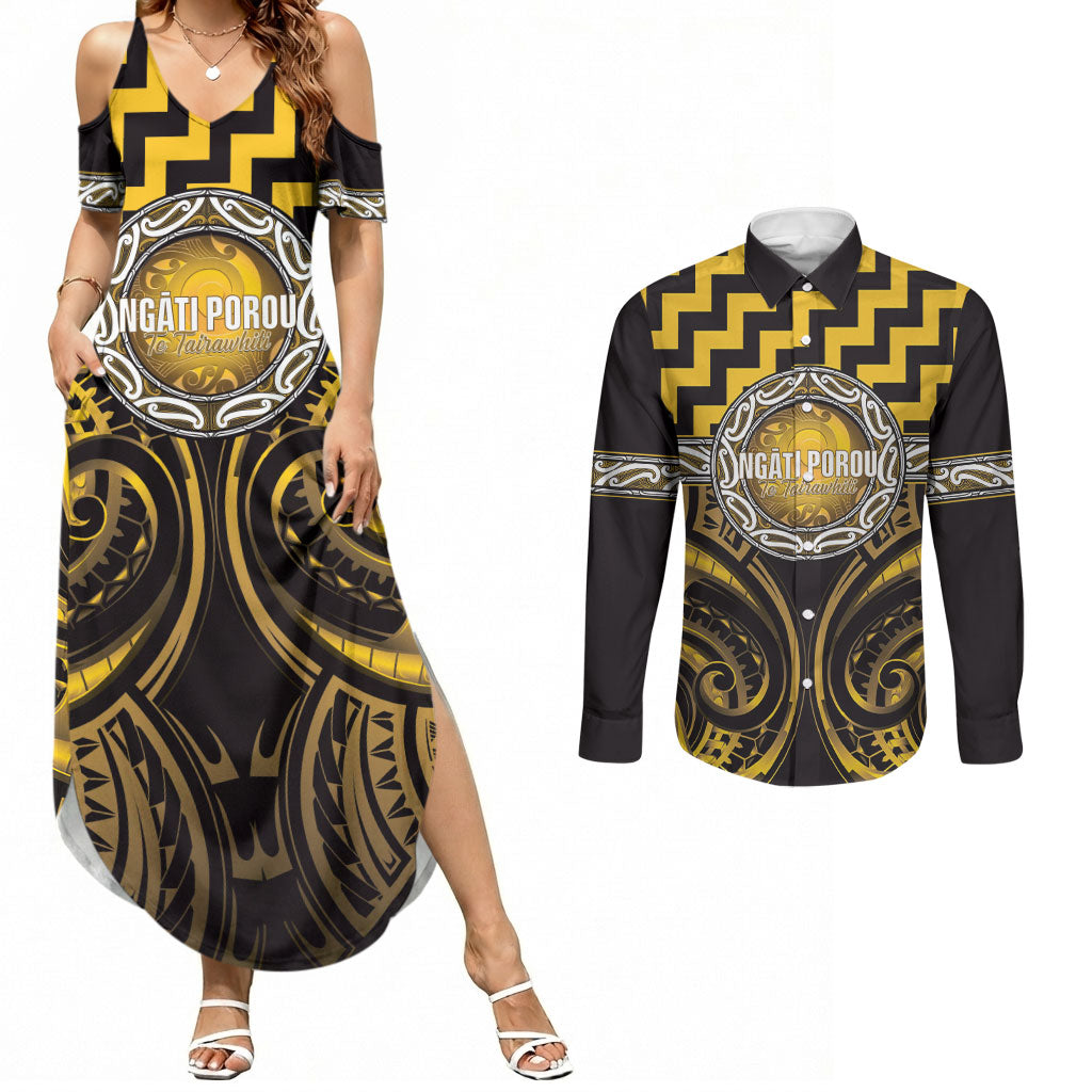 Aotearoa Ngati Porou Personalised Couples Matching Summer Maxi Dress and Long Sleeve Button Shirt Maori Iwi Poutama Puhoro Tattoo LT14 Yellow - Polynesian Pride