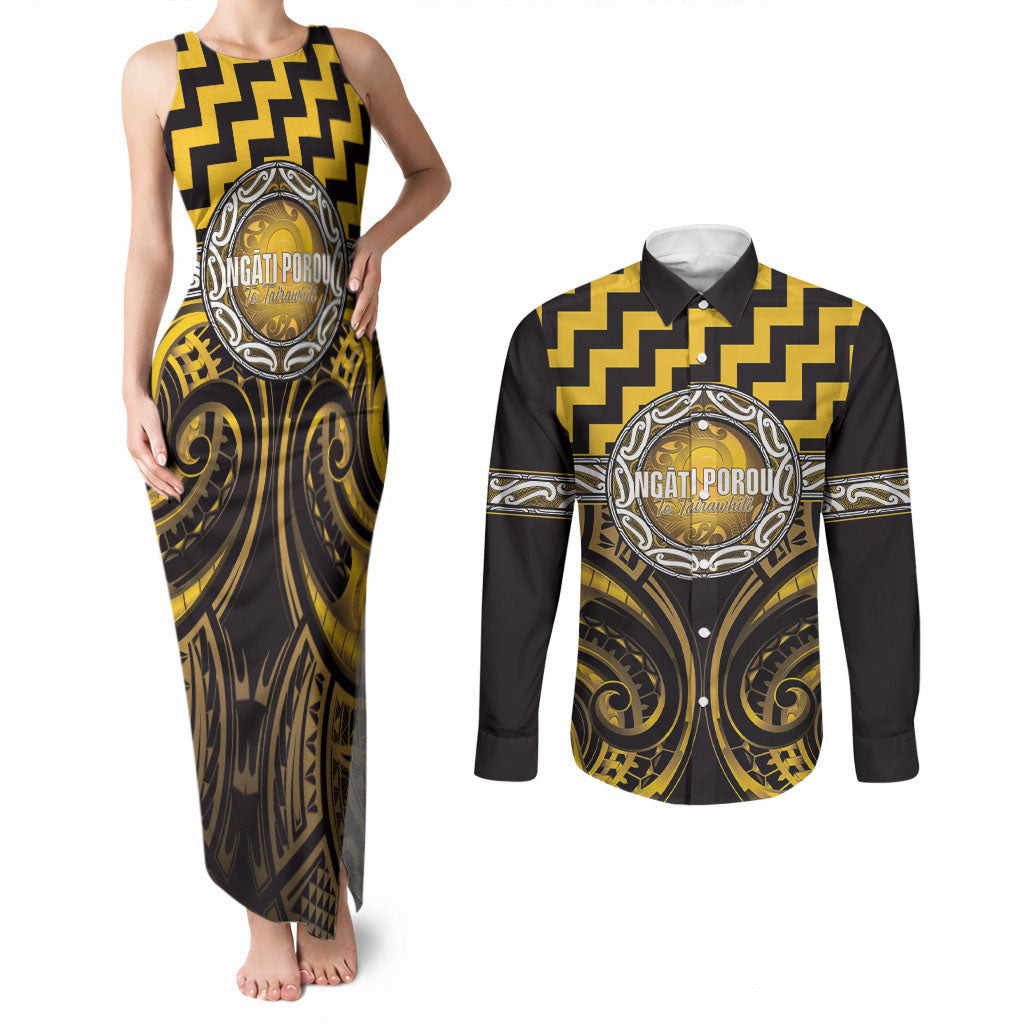 Aotearoa Ngati Porou Personalised Couples Matching Tank Maxi Dress and Long Sleeve Button Shirt Maori Iwi Poutama Puhoro Tattoo LT14 Yellow - Polynesian Pride