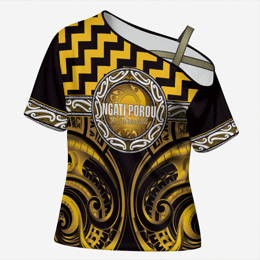 Aotearoa Ngati Porou Personalised Cross Shoulder Shirt Maori Iwi Poutama Puhoro Tattoo LT14 Female Yellow - Polynesian Pride