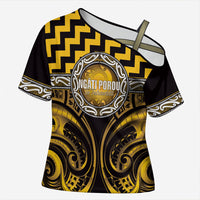 Aotearoa Ngati Porou Personalised Cross Shoulder Shirt Maori Iwi Poutama Puhoro Tattoo LT14 Female Yellow - Polynesian Pride