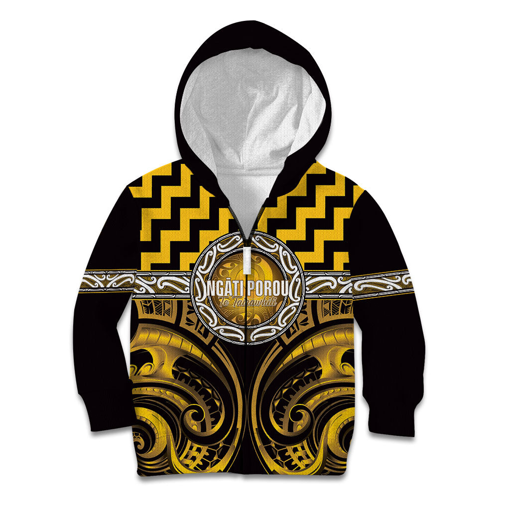 Aotearoa Ngati Porou Personalised Kid Hoodie Maori Iwi Poutama Puhoro Tattoo LT14 Zip Hoodie Yellow - Polynesian Pride
