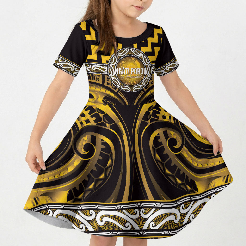 Aotearoa Ngati Porou Personalised Kid Short Sleeve Dress Maori Iwi Poutama Puhoro Tattoo LT14 KID Yellow - Polynesian Pride