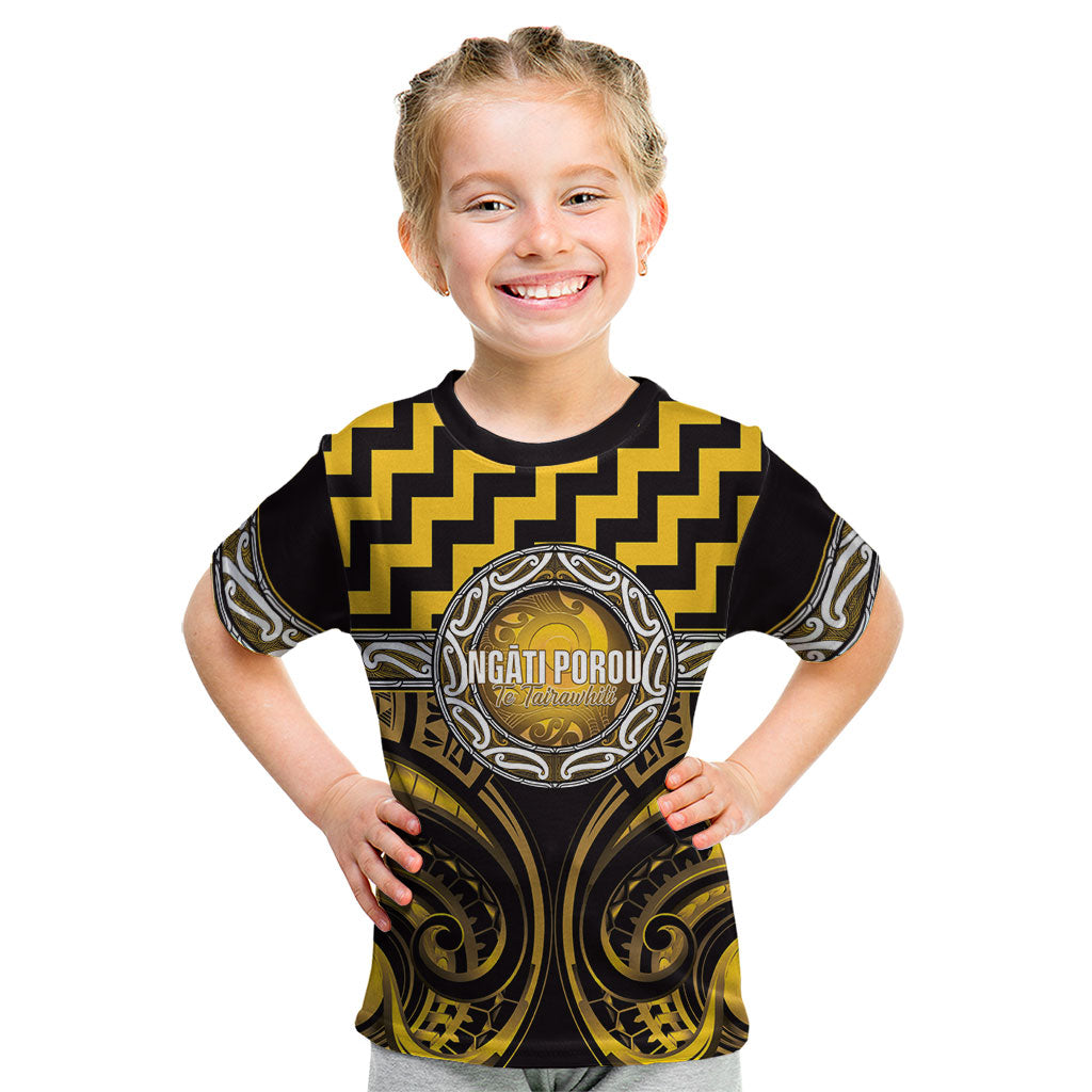 Aotearoa Ngati Porou Personalised Kid T Shirt Maori Iwi Poutama Puhoro Tattoo LT14 Yellow - Polynesian Pride