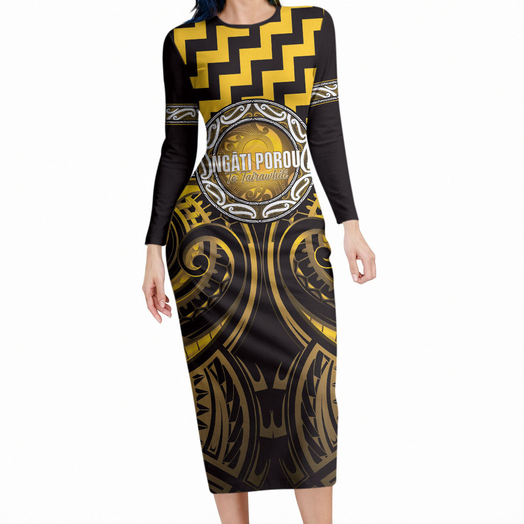 Aotearoa Ngati Porou Personalised Long Sleeve Bodycon Dress Maori Iwi Poutama Puhoro Tattoo LT14 Long Dress Yellow - Polynesian Pride