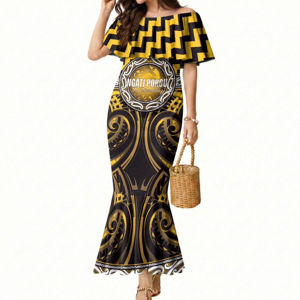 Aotearoa Ngati Porou Personalised Mermaid Dress Maori Iwi Poutama Puhoro Tattoo LT14 Women Yellow - Polynesian Pride