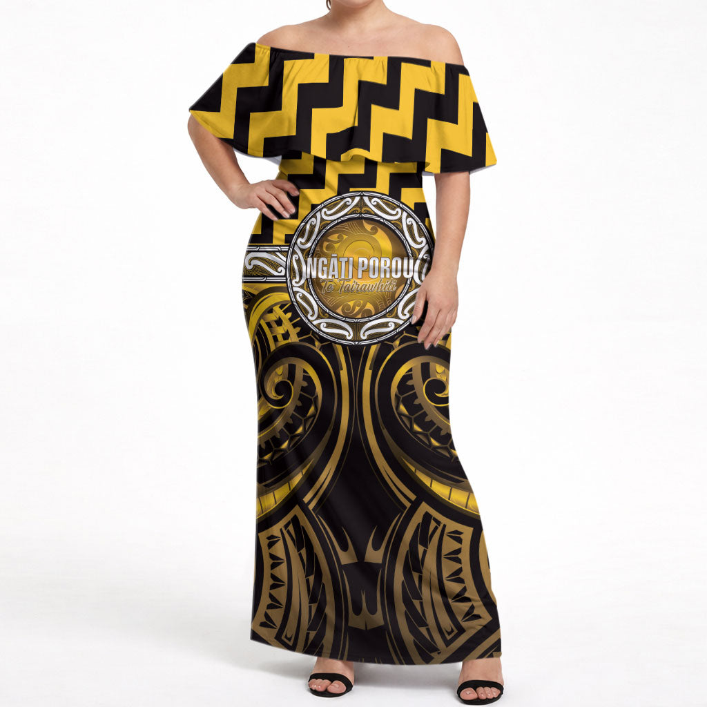 Aotearoa Ngati Porou Personalised Off Shoulder Maxi Dress Maori Iwi Poutama Puhoro Tattoo LT14 Women Yellow - Polynesian Pride