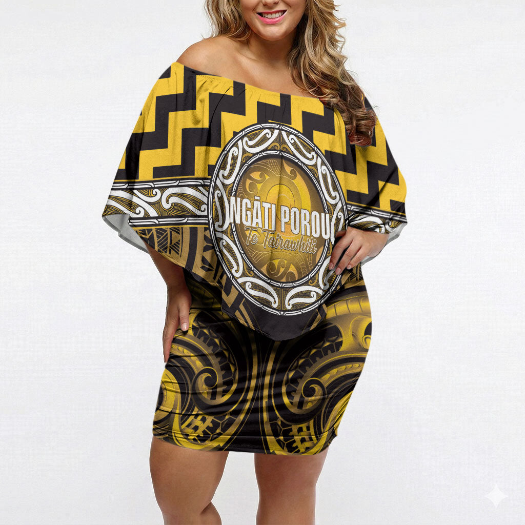Aotearoa Ngati Porou Personalised Off Shoulder Short Dress Maori Iwi Poutama Puhoro Tattoo LT14 Women Yellow - Polynesian Pride