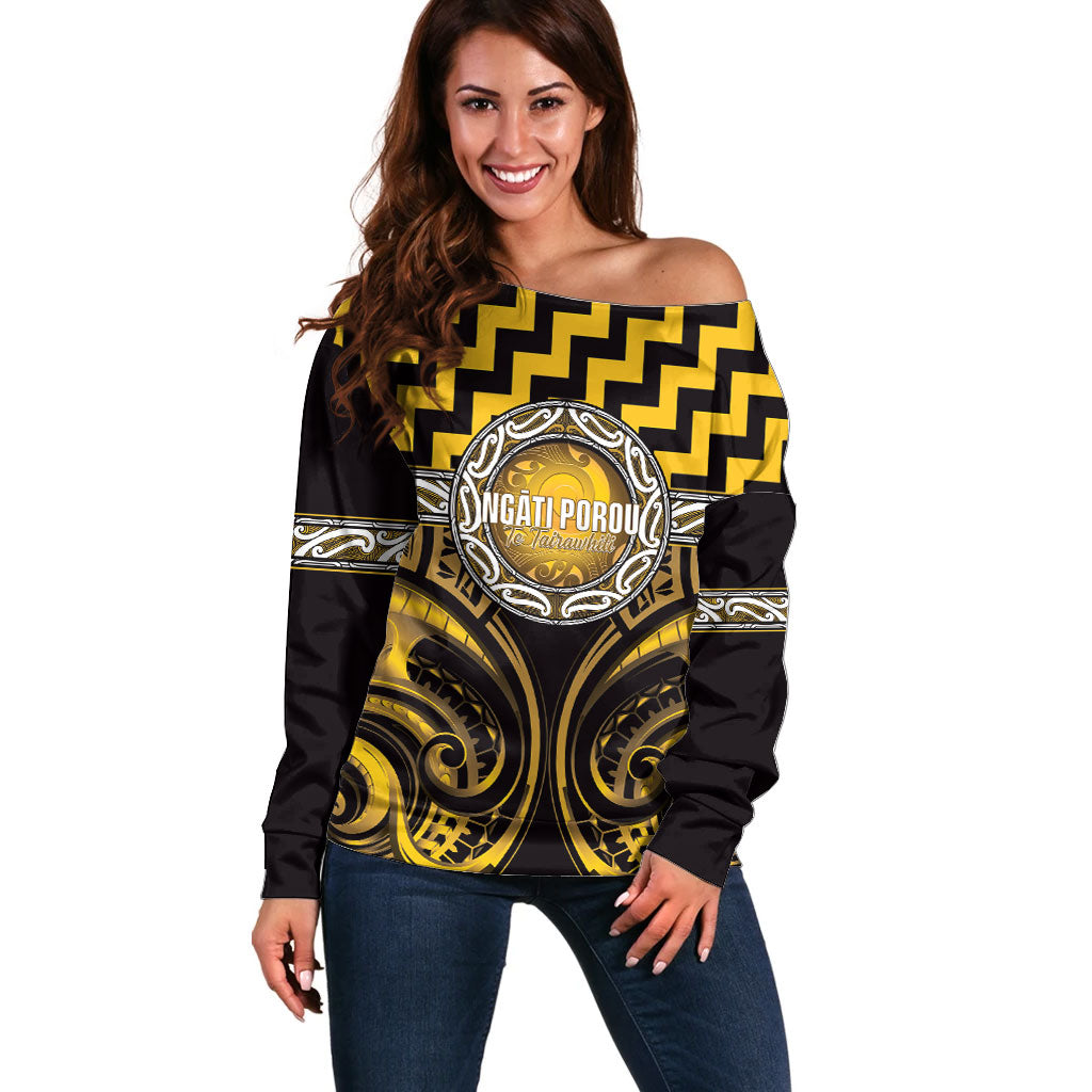 Aotearoa Ngati Porou Personalised Off Shoulder Sweater Maori Iwi Poutama Puhoro Tattoo LT14 Women Yellow - Polynesian Pride