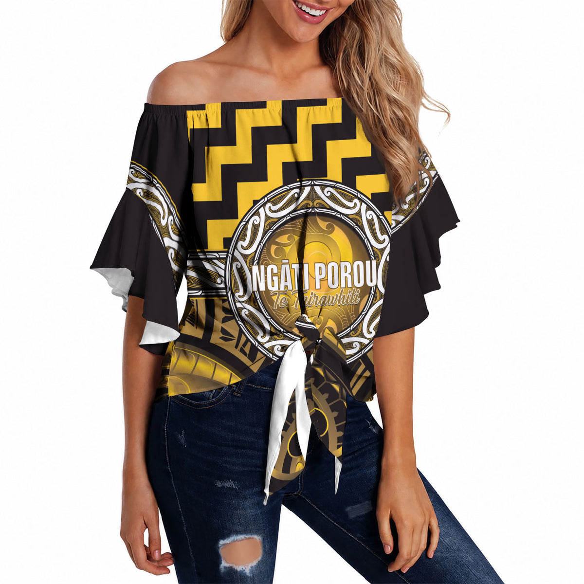 Aotearoa Ngati Porou Personalised Off Shoulder Wrap Waist Top Maori Iwi Poutama Puhoro Tattoo LT14 - Polynesian Pride