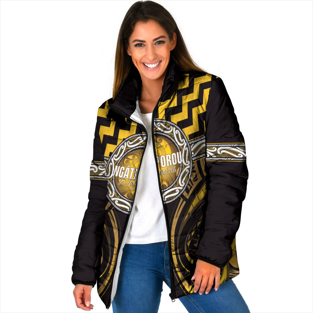 Aotearoa Ngati Porou Personalised Padded Jacket Maori Iwi Poutama Puhoro Tattoo LT14 Women Yellow - Polynesian Pride