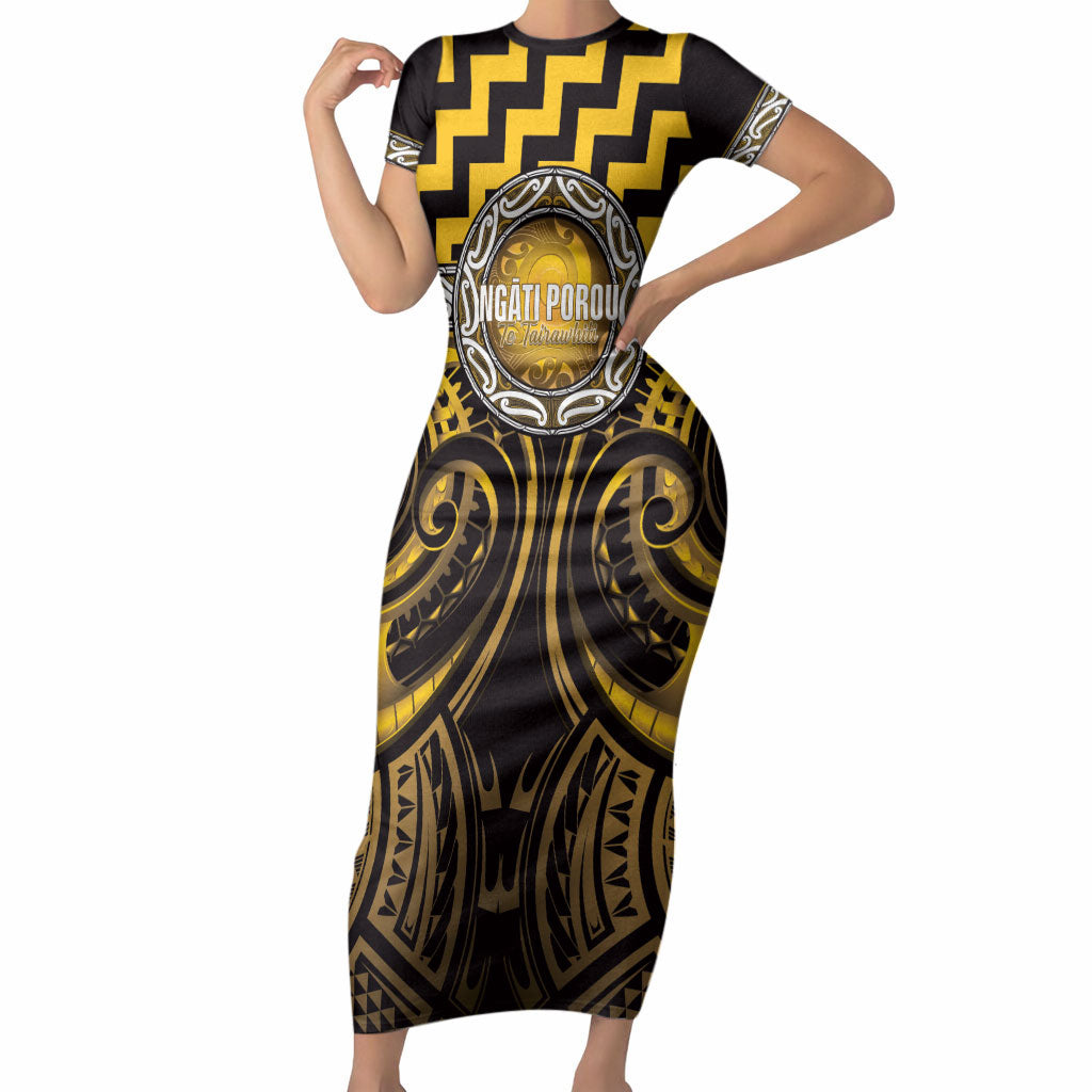 Aotearoa Ngati Porou Personalised Short Sleeve Bodycon Dress Maori Iwi Poutama Puhoro Tattoo LT14 Long Dress Yellow - Polynesian Pride