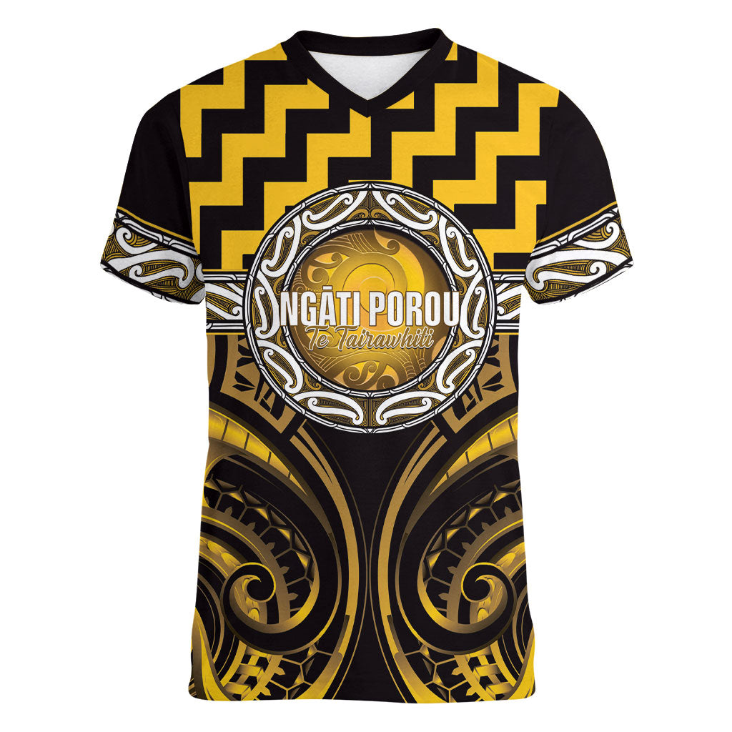 Aotearoa Ngati Porou Personalised Women V-Neck T-Shirt Maori Iwi Poutama Puhoro Tattoo LT14 Female Yellow - Polynesian Pride