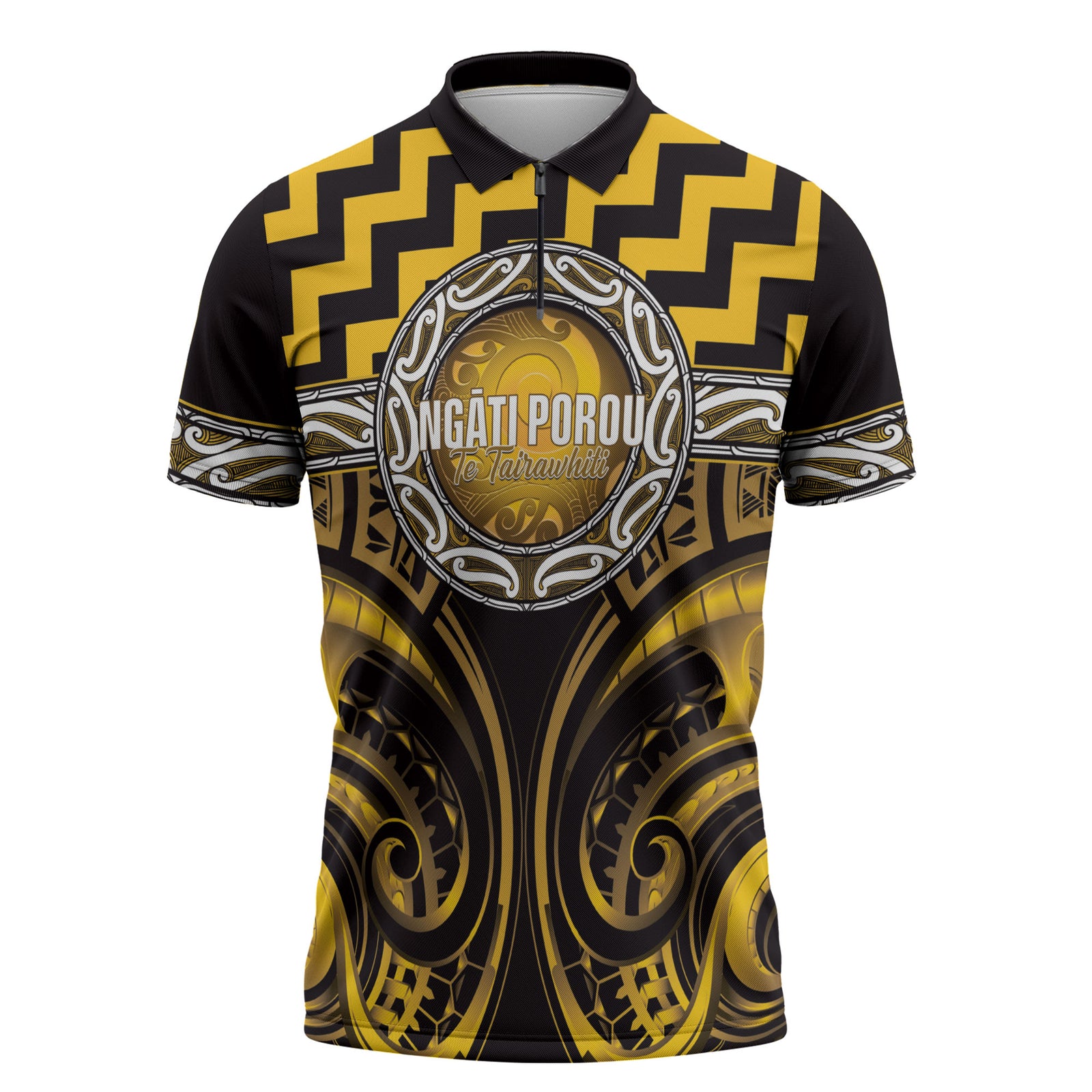 Aotearoa Ngati Porou Personalised Zipper Polo Shirt Maori Iwi Poutama Puhoro Tattoo LT14 Yellow - Polynesian Pride