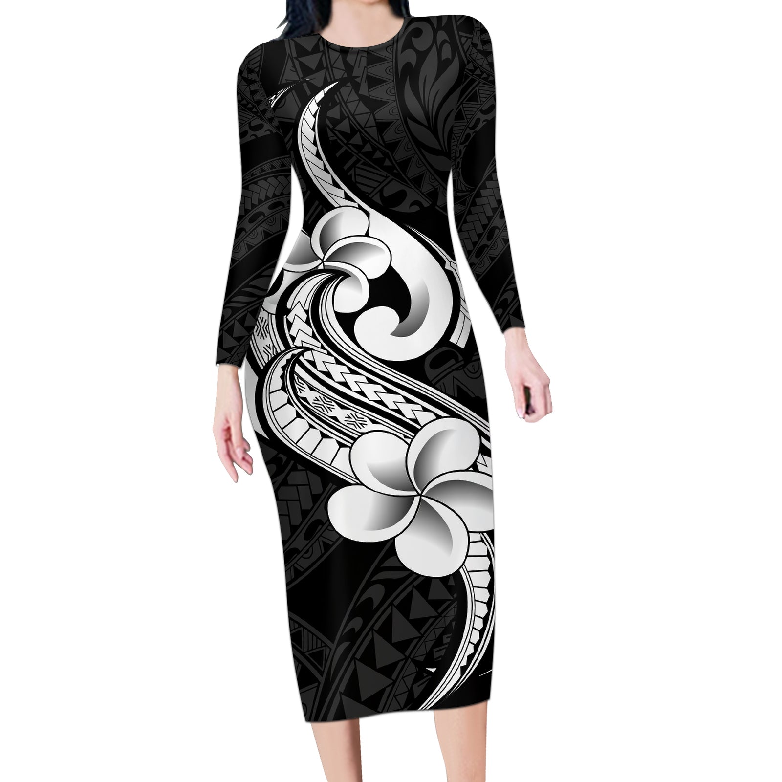 Polynesia Long Sleeve Bodycon Dress Plumeria With Tribal Pattern Black Vibes LT14 Long Dress Black - Polynesian Pride