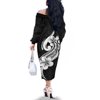 Polynesia Off The Shoulder Long Sleeve Dress Plumeria With Tribal Pattern Black Vibes LT14 - Polynesian Pride