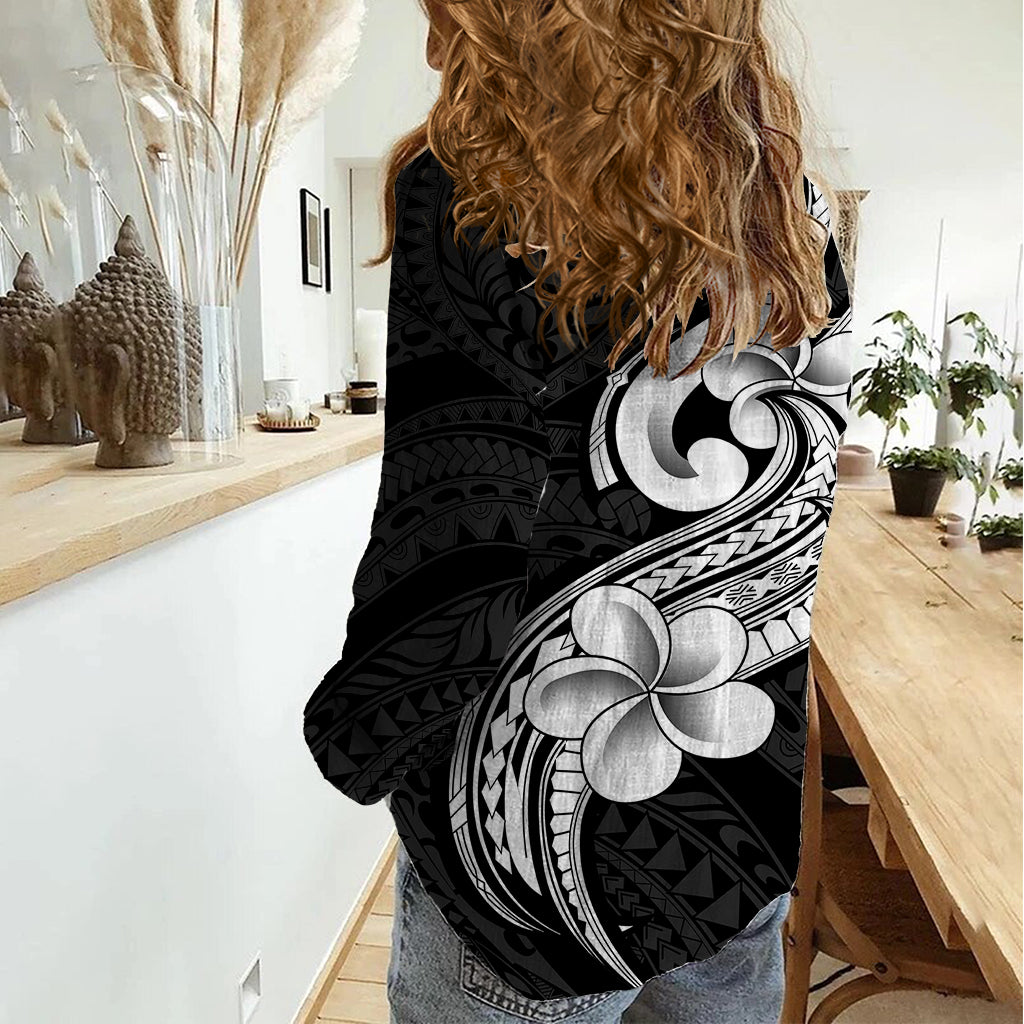 Polynesia Women Casual Shirt Plumeria With Tribal Pattern Black Vibes LT14 - Polynesian Pride