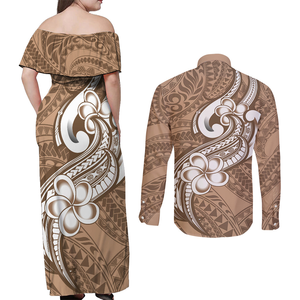 Polynesia Couples Matching Off Shoulder Maxi Dress and Long Sleeve Button Shirts Plumeria With Tribal Pattern Brown Pastel Vibes LT14 - Polynesian Pride