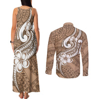 Polynesia Couples Matching Tank Maxi Dress and Long Sleeve Button Shirts Plumeria With Tribal Pattern Brown Pastel Vibes LT14 - Polynesian Pride