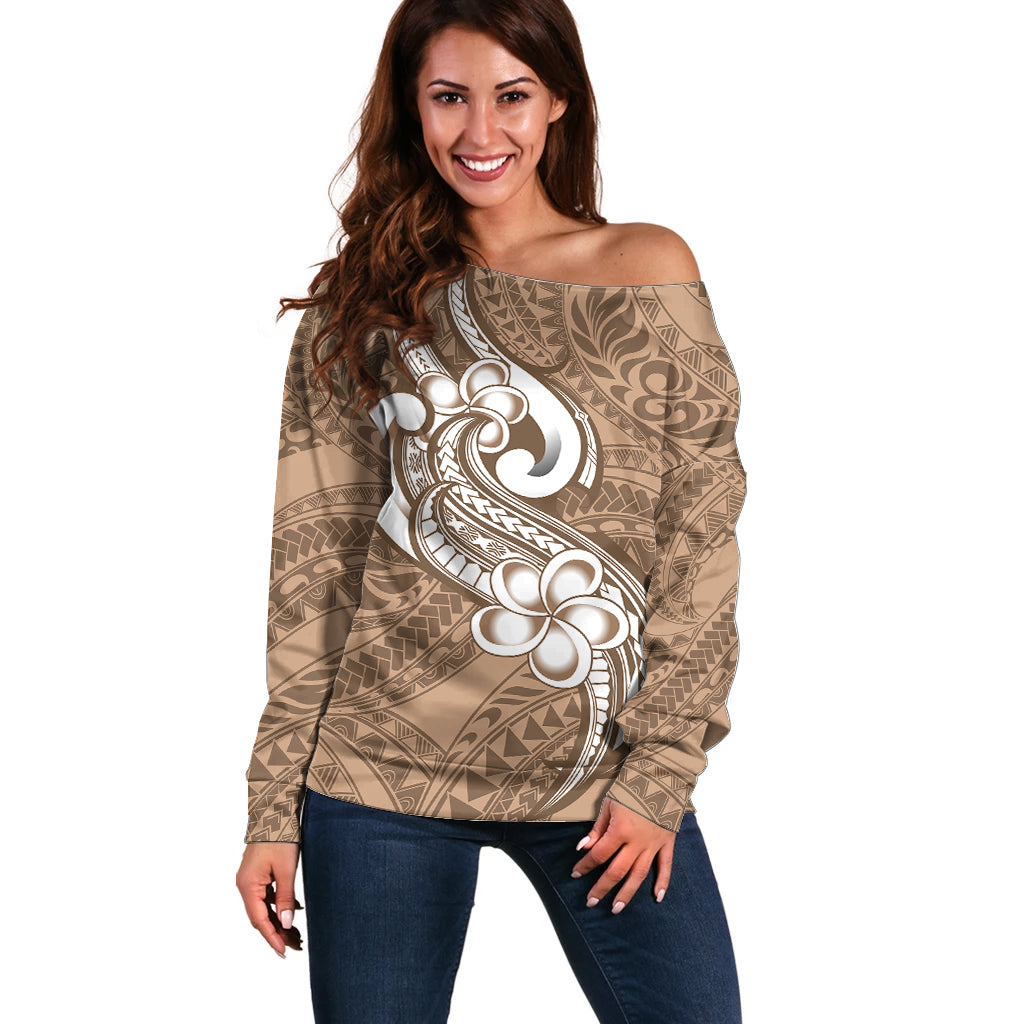 Polynesia Off Shoulder Sweater Plumeria With Tribal Pattern Brown Pastel Vibes LT14 Women Brown - Polynesian Pride