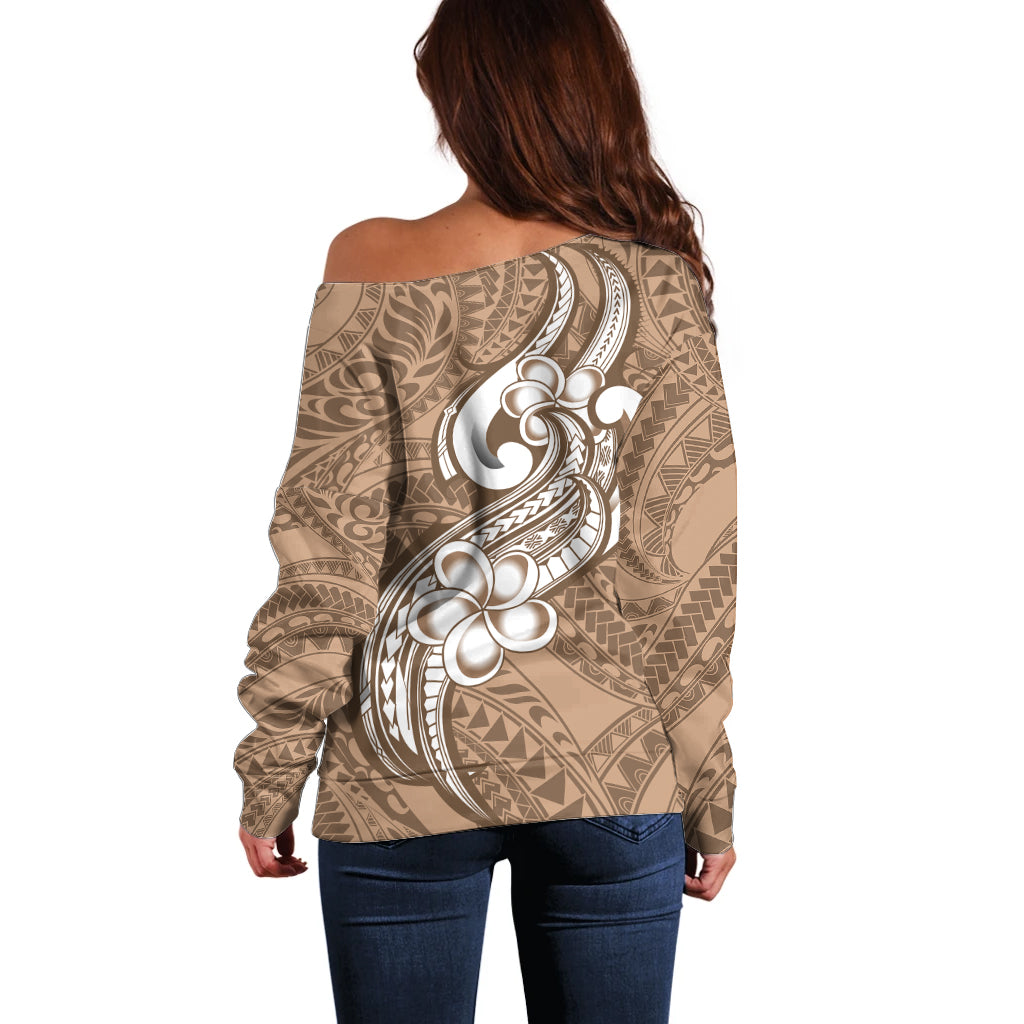 Polynesia Off Shoulder Sweater Plumeria With Tribal Pattern Brown Pastel Vibes LT14 - Polynesian Pride