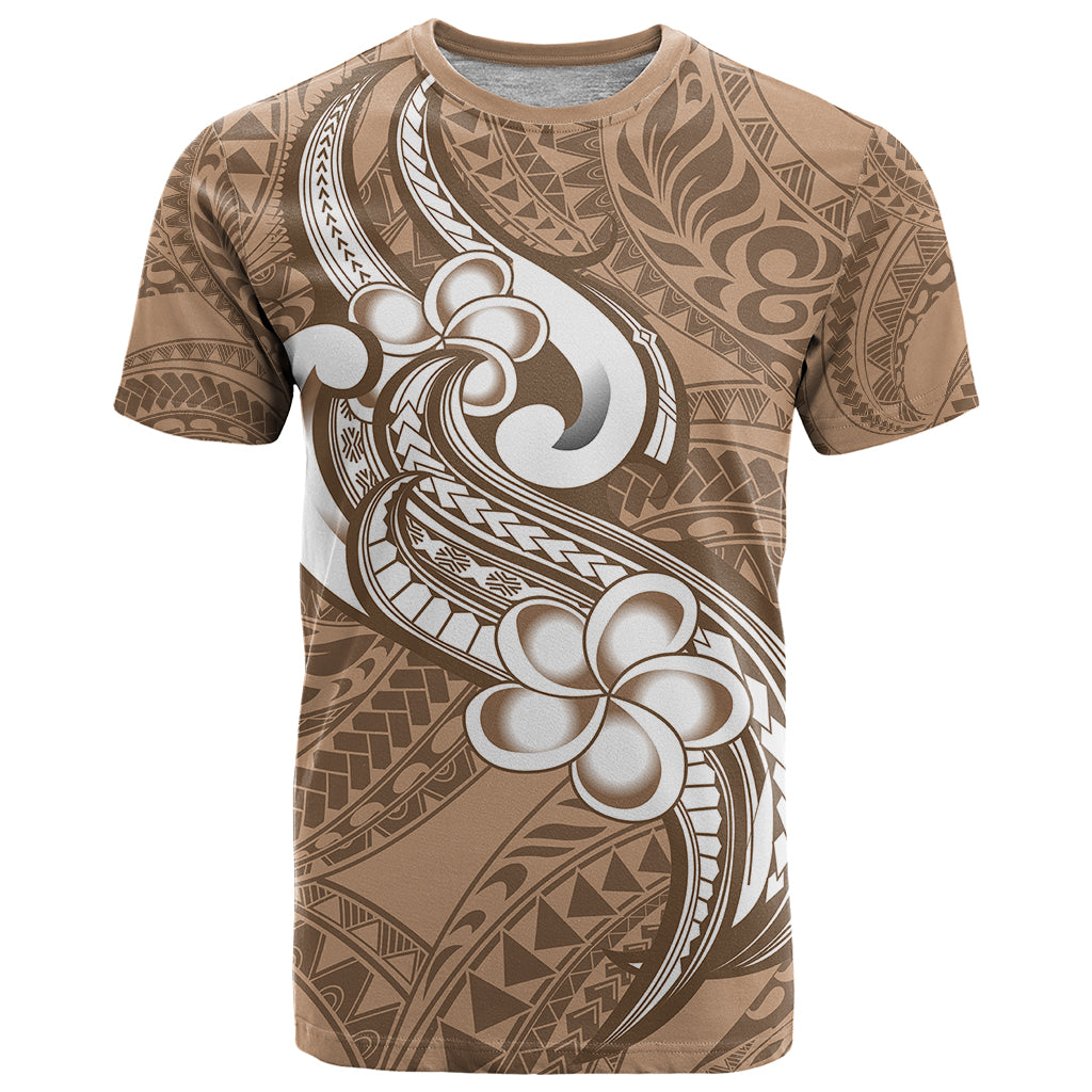 Polynesia T Shirt Plumeria With Tribal Pattern Brown Pastel Vibes LT14 Brown - Polynesian Pride