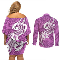 Polynesia Couples Matching Off Shoulder Short Dress and Long Sleeve Button Shirts Plumeria With Tribal Pattern Pink Pastel Vibes LT14 - Polynesian Pride