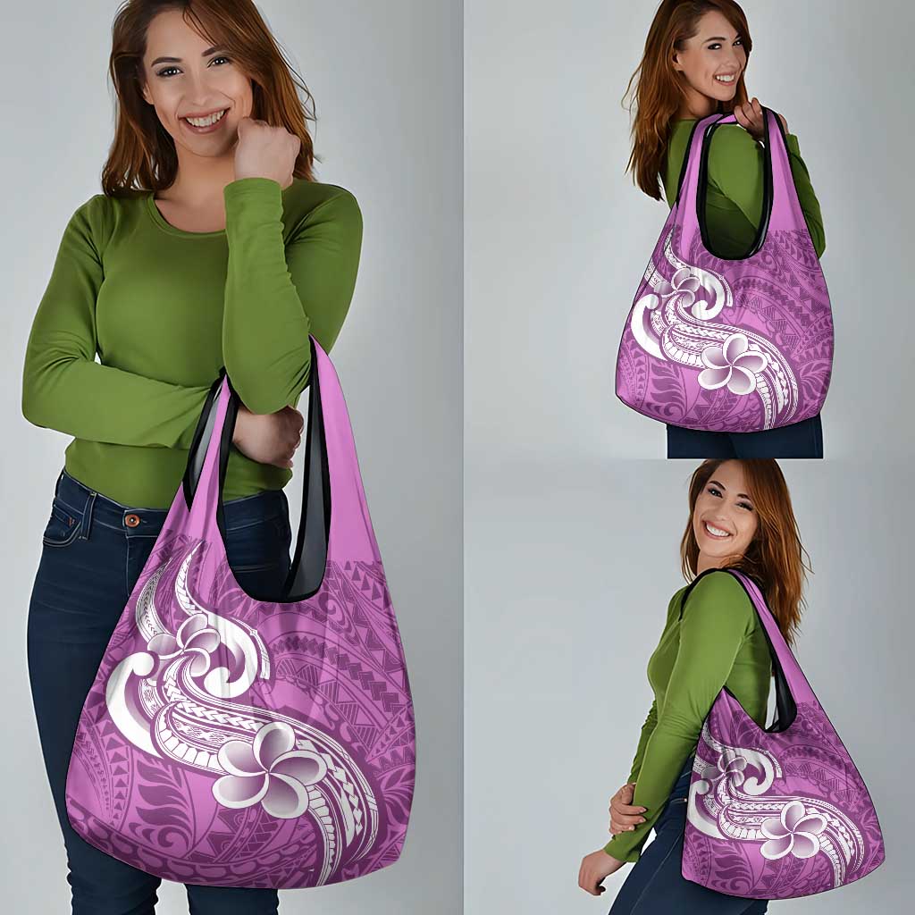 Polynesia Grocery Bag Plumeria With Tribal Pattern Pink Pastel
