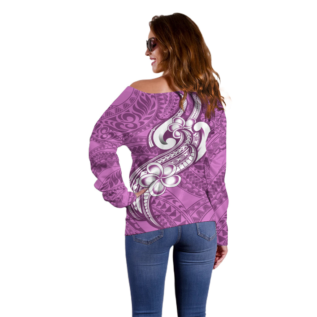 Polynesia Off Shoulder Sweater Plumeria With Tribal Pattern Pink Pastel Vibes LT14 - Polynesian Pride