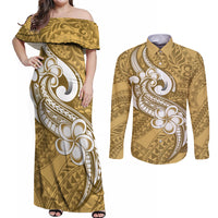 Polynesia Couples Matching Off Shoulder Maxi Dress and Long Sleeve Button Shirts Plumeria With Tribal Pattern Yellow Pastel Vibes LT14 Yellow - Polynesian Pride