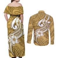 Polynesia Couples Matching Off Shoulder Maxi Dress and Long Sleeve Button Shirts Plumeria With Tribal Pattern Yellow Pastel Vibes LT14 - Polynesian Pride