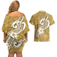 Polynesia Couples Matching Off Shoulder Short Dress and Hawaiian Shirt Plumeria With Tribal Pattern Yellow Pastel Vibes LT14 - Polynesian Pride