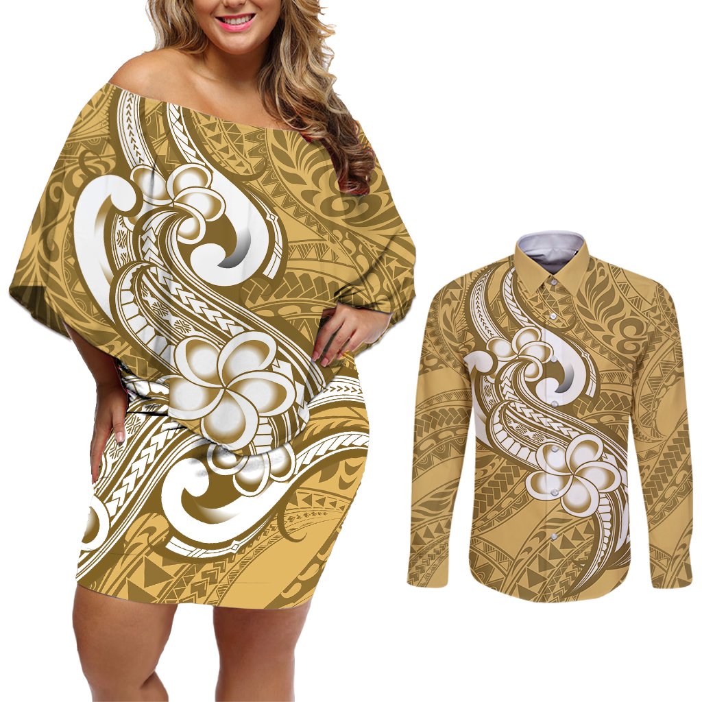 Polynesia Couples Matching Off Shoulder Short Dress and Long Sleeve Button Shirts Plumeria With Tribal Pattern Yellow Pastel Vibes LT14 Yellow - Polynesian Pride