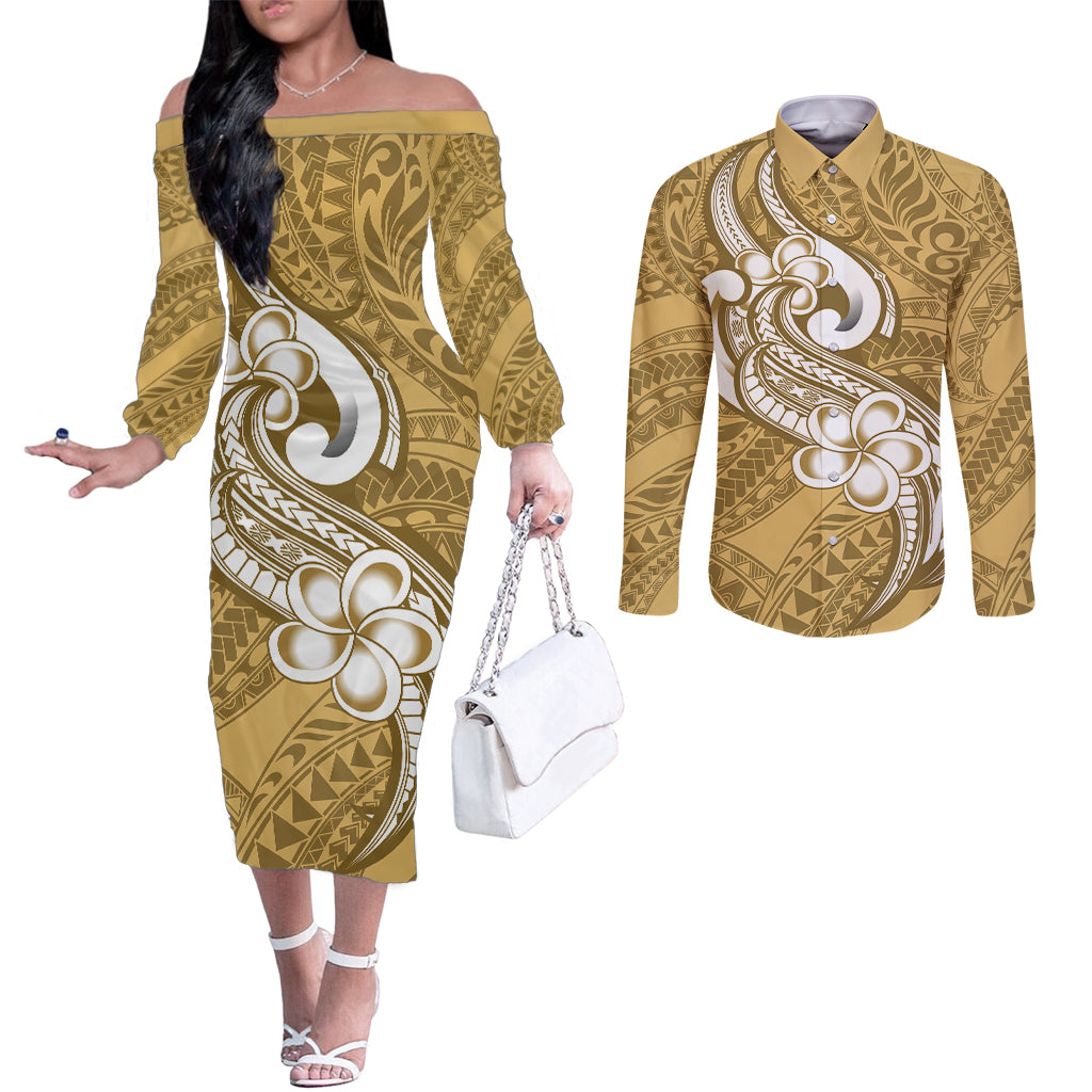 Polynesia Couples Matching Off The Shoulder Long Sleeve Dress and Long Sleeve Button Shirts Plumeria With Tribal Pattern Yellow Pastel Vibes LT14 Yellow - Polynesian Pride