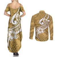Polynesia Couples Matching Summer Maxi Dress and Long Sleeve Button Shirts Plumeria With Tribal Pattern Yellow Pastel Vibes LT14 - Polynesian Pride