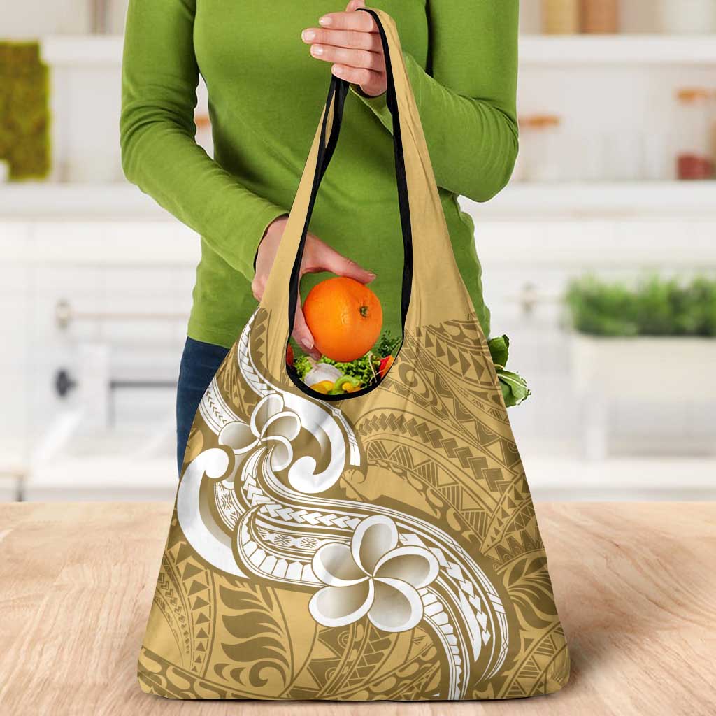 Polynesia Grocery Bag Plumeria With Tribal Pattern Yellow Pastel