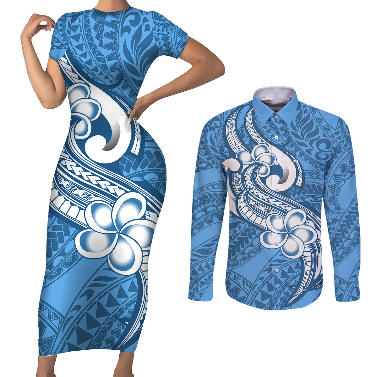 Polynesia Couples Matching Short Sleeve Bodycon Dress and Long Sleeve Button Shirts Plumeria With Tribal Pattern Blue Pastel Vibes LT14 Blue - Polynesian Pride