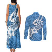 Polynesia Couples Matching Tank Maxi Dress and Long Sleeve Button Shirts Plumeria With Tribal Pattern Blue Pastel Vibes LT14 - Polynesian Pride