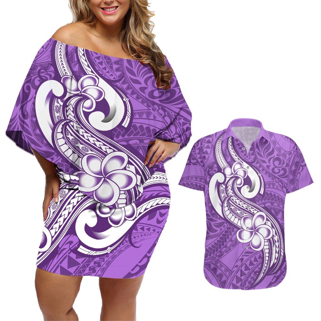 Polynesia Couples Matching Off Shoulder Short Dress and Hawaiian Shirt Plumeria With Tribal Pattern Purple Pastel Vibes LT14 Purple - Polynesian Pride