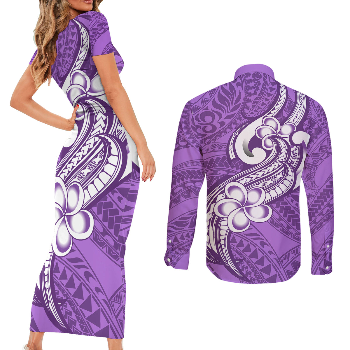Polynesia Couples Matching Short Sleeve Bodycon Dress and Long Sleeve Button Shirts Plumeria With Tribal Pattern Purple Pastel Vibes LT14 - Polynesian Pride