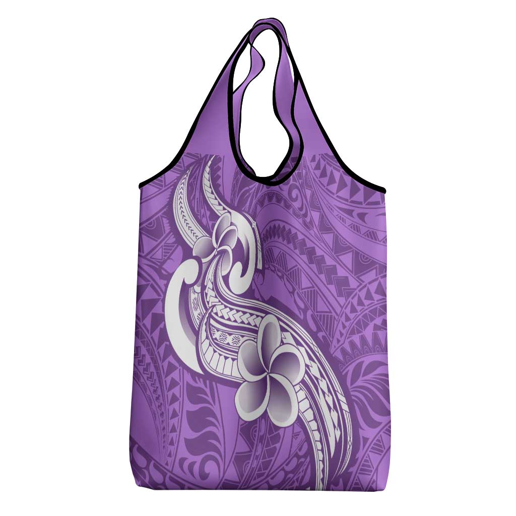 Polynesia Grocery Bag Plumeria With Tribal Pattern Purple Pastel