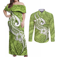 Polynesia Couples Matching Off Shoulder Maxi Dress and Long Sleeve Button Shirts Plumeria With Tribal Pattern Green Pastel Vibes LT14 Green - Polynesian Pride