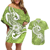 Polynesia Couples Matching Off Shoulder Short Dress and Hawaiian Shirt Plumeria With Tribal Pattern Green Pastel Vibes LT14 Green - Polynesian Pride