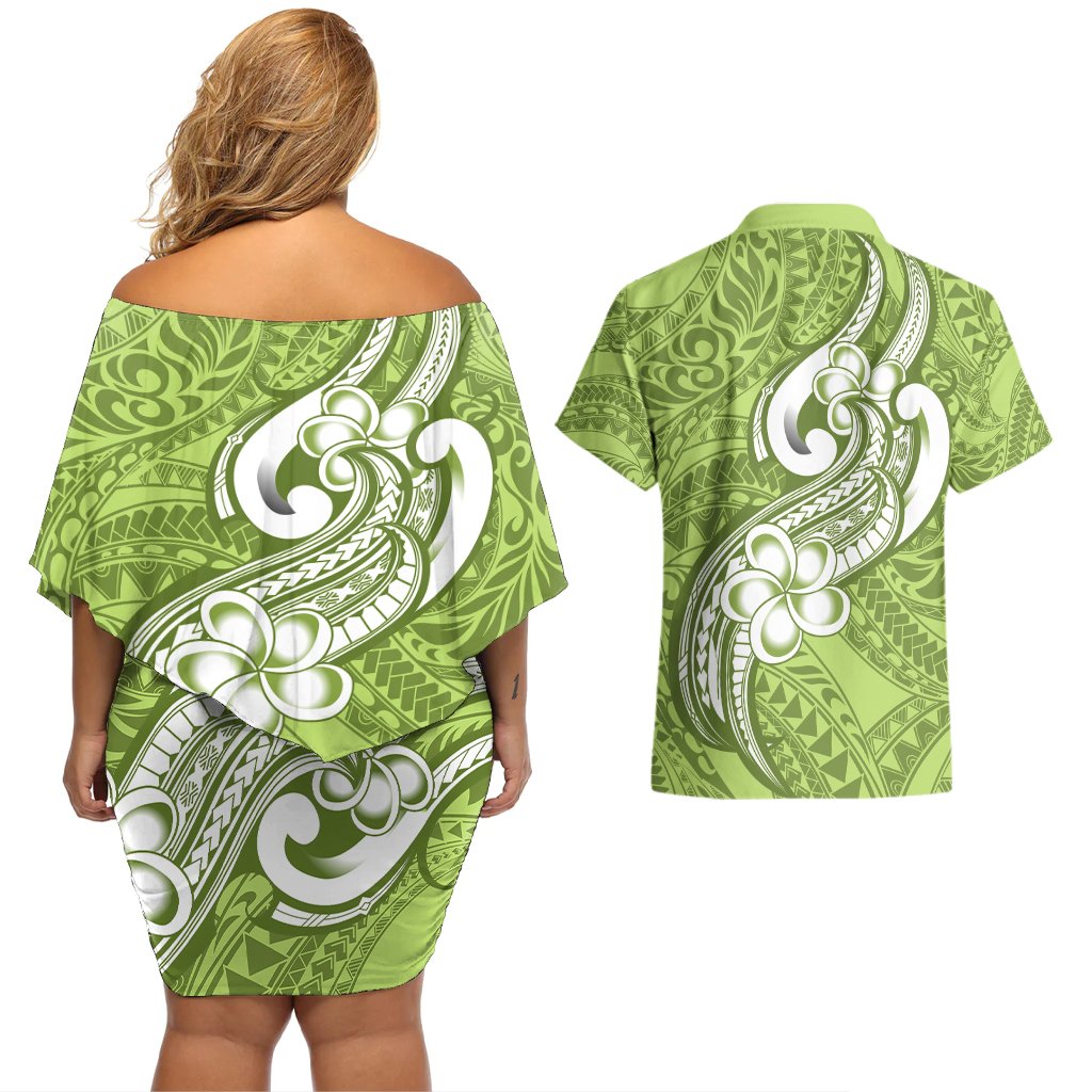 Polynesia Couples Matching Off Shoulder Short Dress and Hawaiian Shirt Plumeria With Tribal Pattern Green Pastel Vibes LT14 - Polynesian Pride