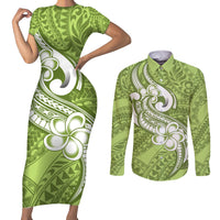 Polynesia Couples Matching Short Sleeve Bodycon Dress and Long Sleeve Button Shirts Plumeria With Tribal Pattern Green Pastel Vibes LT14 Green - Polynesian Pride